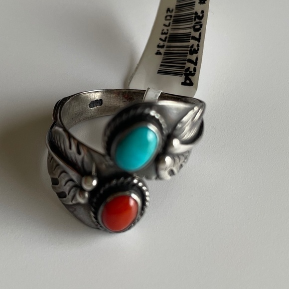 Adjustable Turquoise and Coral Sterling Silver Ring NWT size 6-8 - Picture 3 of 6